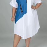 Women's Plus Size Color Block Patchwork Zipper Lapel Midi Dress